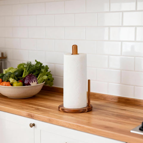 E-ROOM TREND holder in use on kitchen counter for one-handed towel access