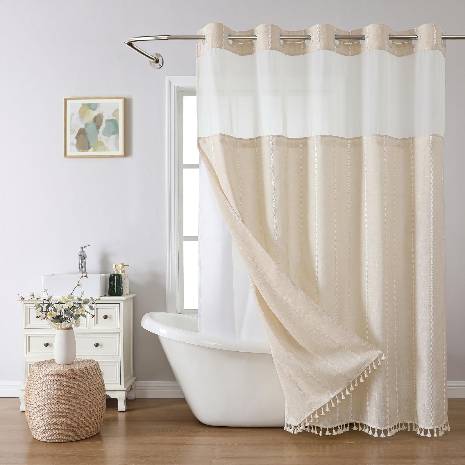 eacheope front panel cream beige shower curtain shows farmhouse warmth