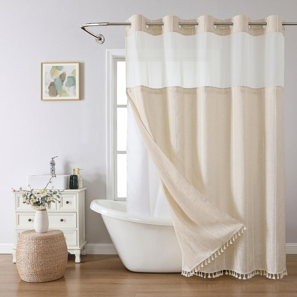 eacheope front panel cream beige shower curtain shows farmhouse warmth