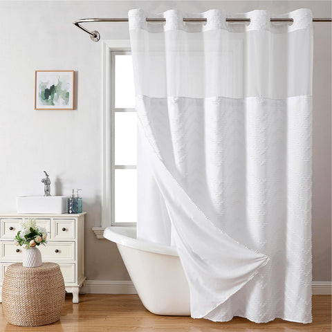 eachope front view of the white tufted chevron shower curtain creating a clean spa look