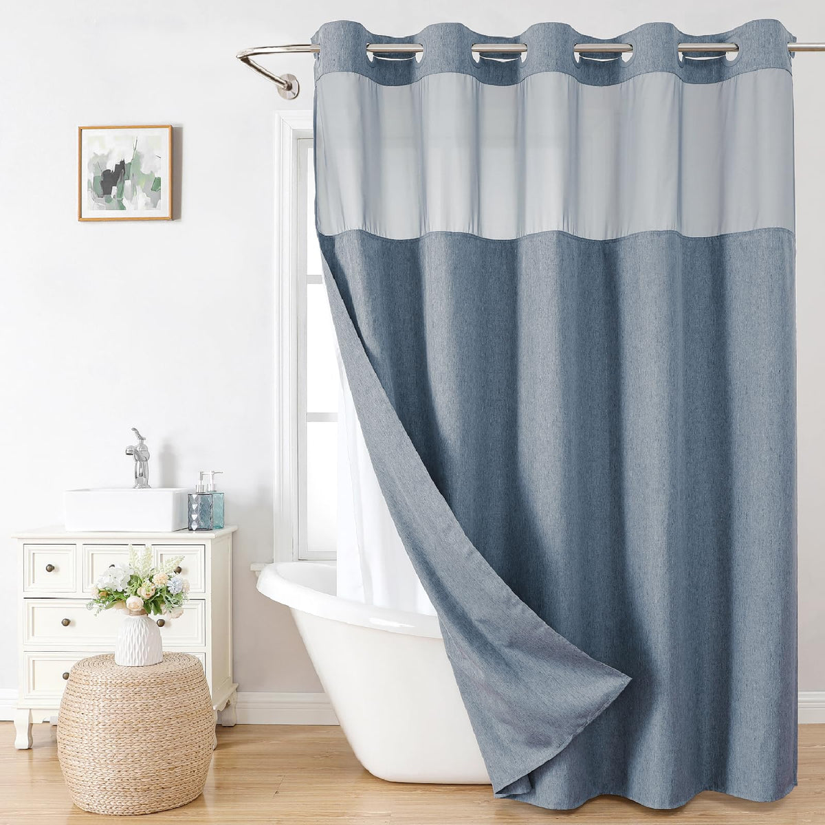 eachope front view of blue grey linen-style curtain showing elegant finish