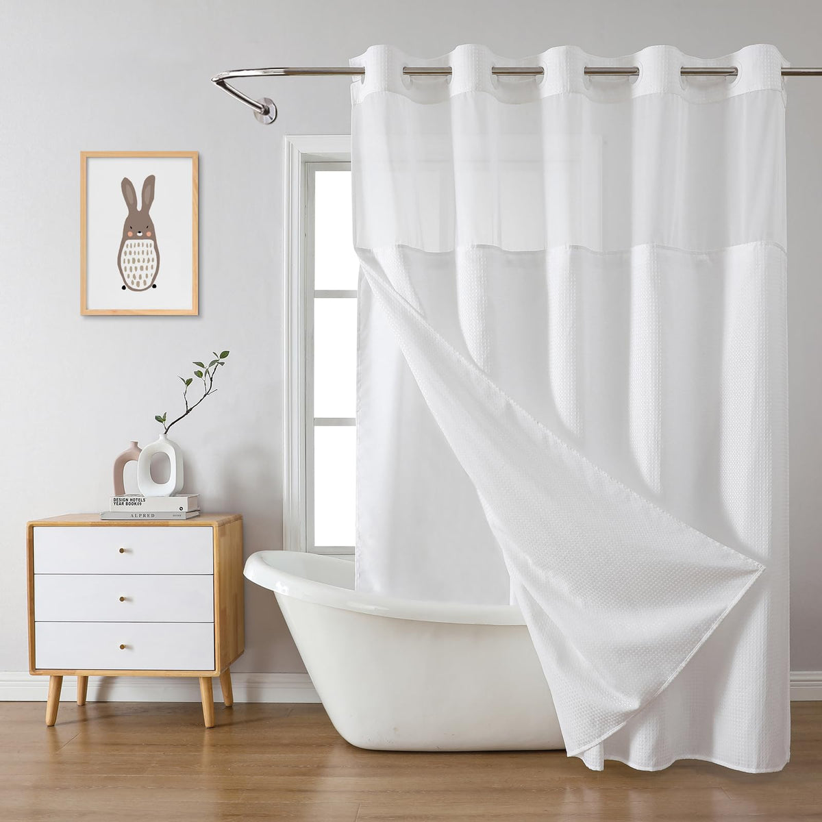 eachope front packed shower curtain showing clean white waffle weave and packaging benefits