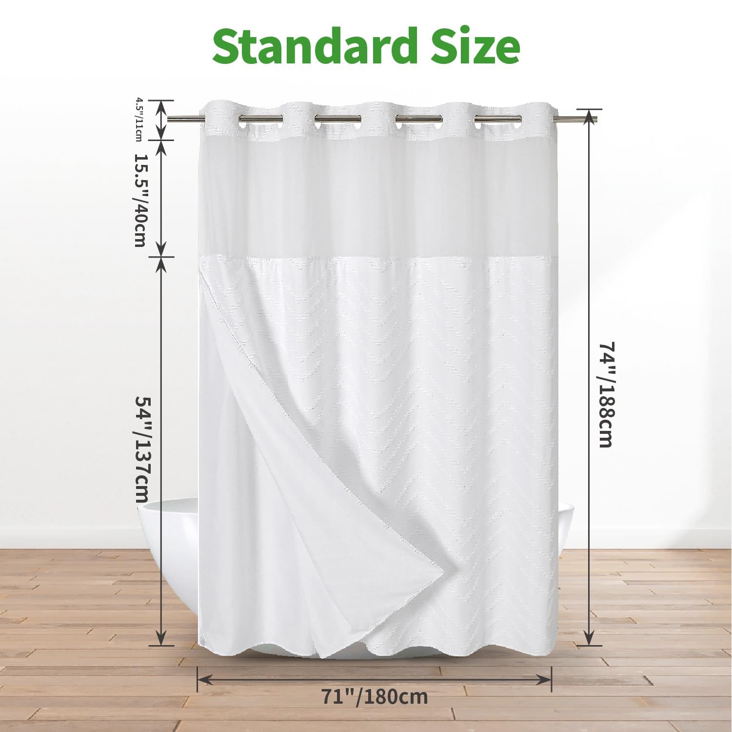 eachope curtain next to tub demonstrating 71x74 inch scale for standard showers