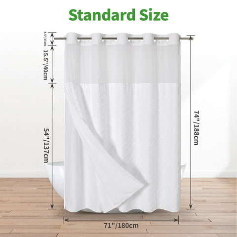 eachope curtain next to tub demonstrating 71x74 inch scale for standard showers