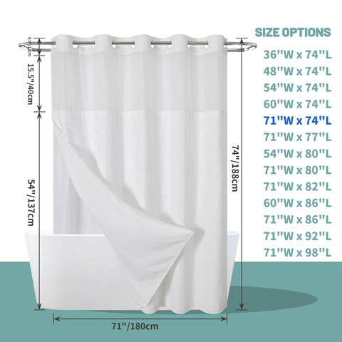 eachope curtain size comparison beside tub showing 71x74 inch fit for standard showers