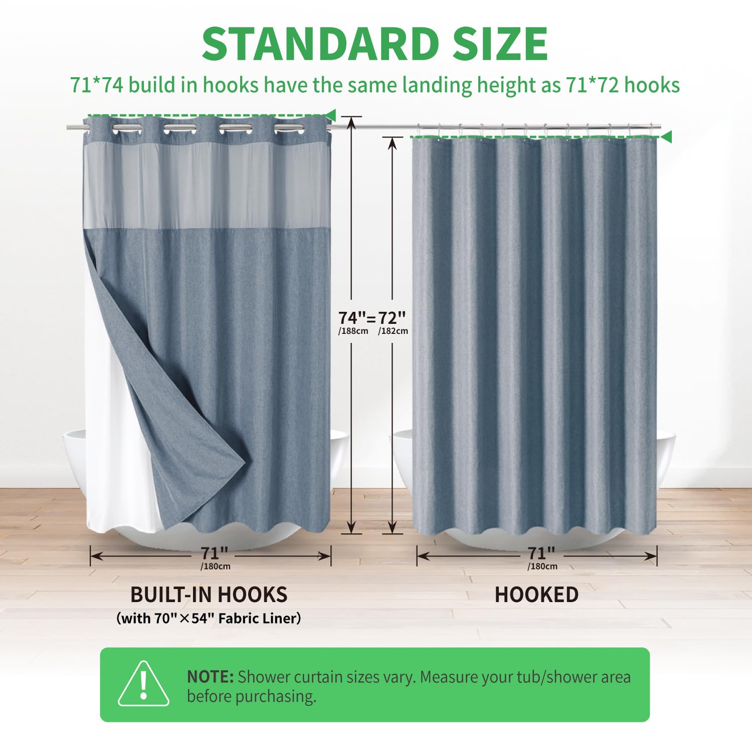 eachope curtain beside tub showing 71x74 size fit and scale