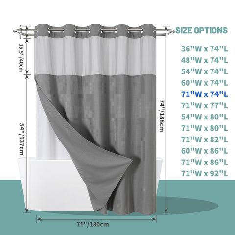 eachope curtain beside ruler showing 71x74 inch scale for proper fit