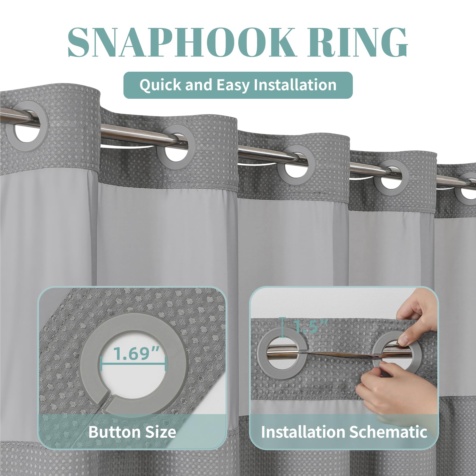 eachope snap-in liner attached to curtain for quick removal and easy cleaning