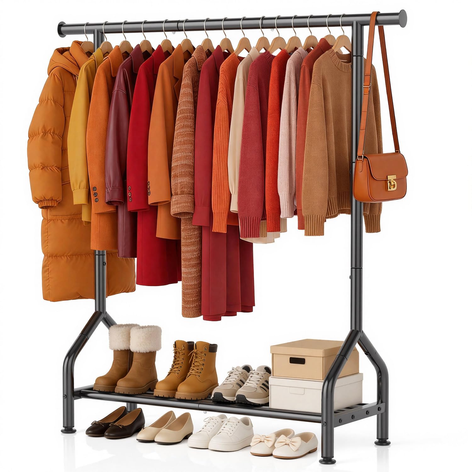 EAGMAK front view showing organized hanging space and shelf benefit
