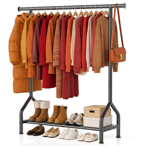 EAGMAK front view showing organized hanging space and shelf benefit
