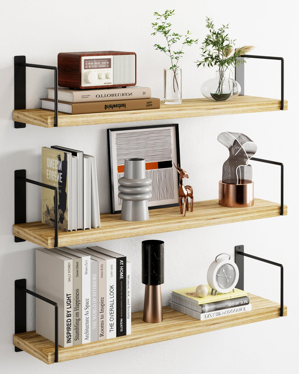 EALLRINEC front view of three 24-inch shelves showcasing rustic finish and compact depth