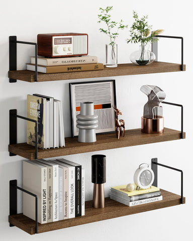 EALLRINEC front packaging showing three brown floating shelves and hardware for quick setup