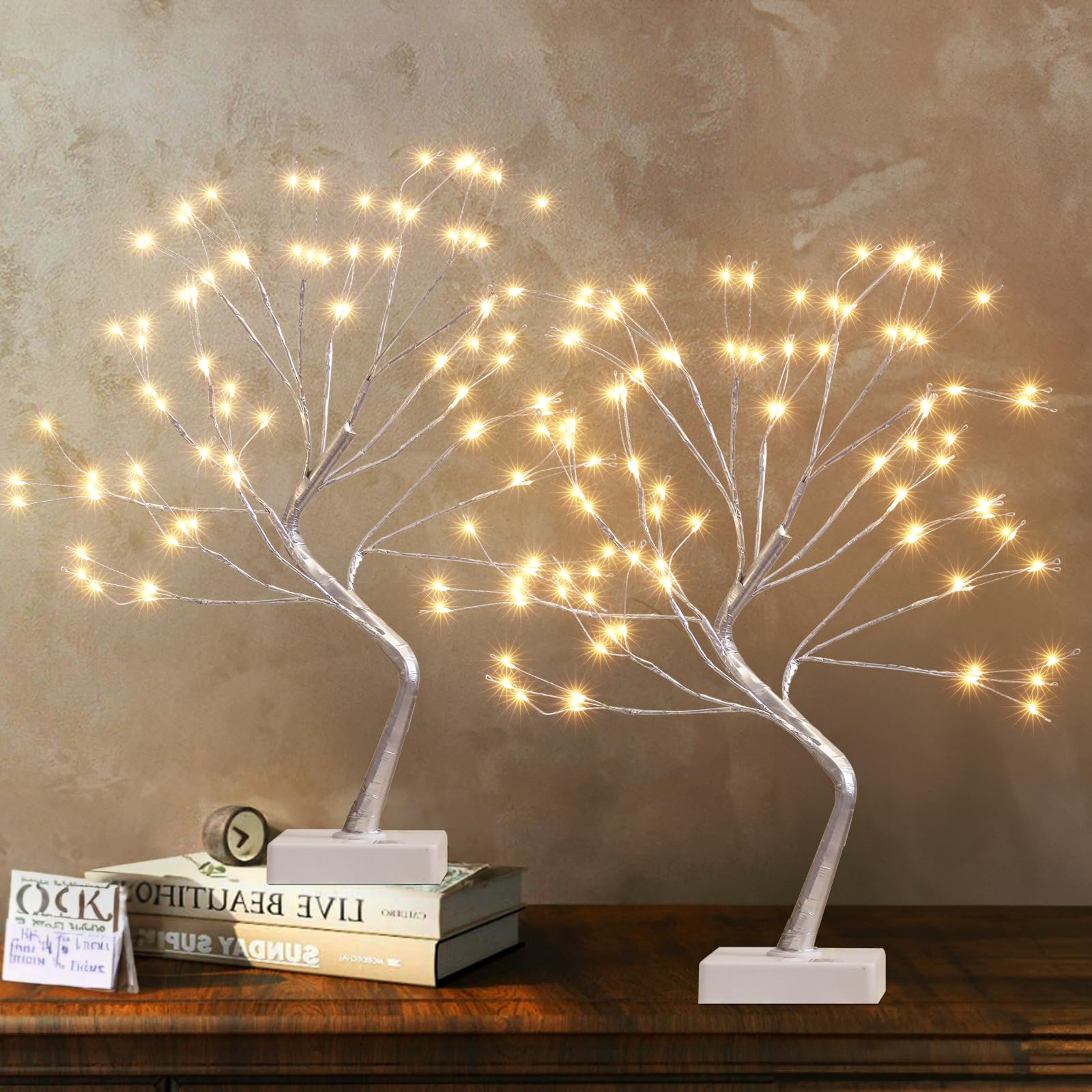 EAMBRITE two-pack display of both silver trees ready for paired centerpieces