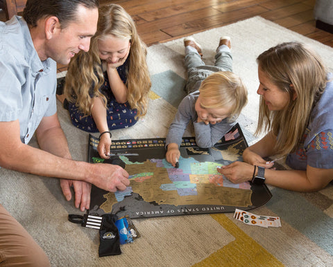 Earthabitats framed US map in living room providing stylish travel decor and conversation piece