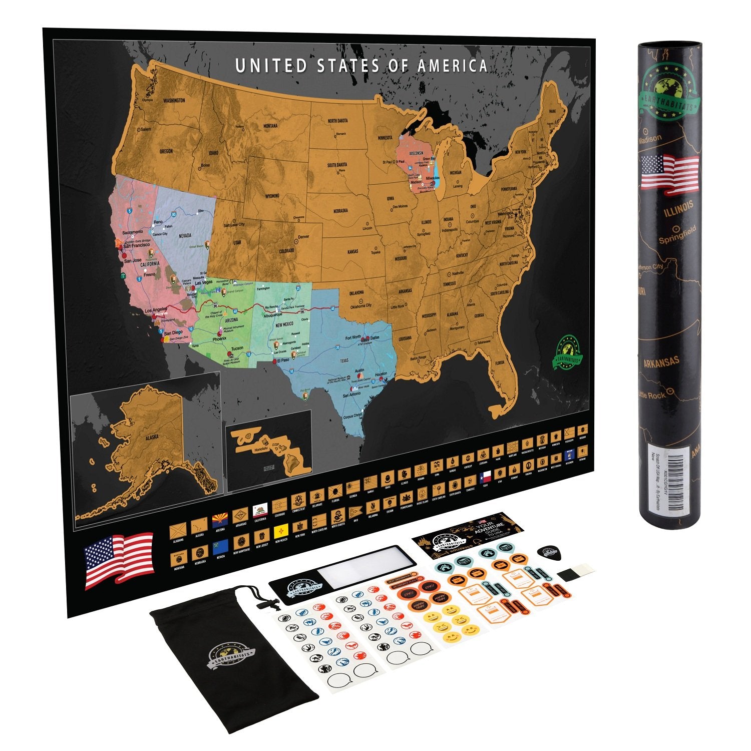 Earthabitats front view of US map showing colorful states and flags for easy display