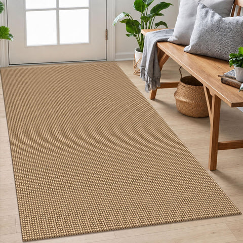 EARTHALL front view of orange tan brown rug showing warm tones and visual impact