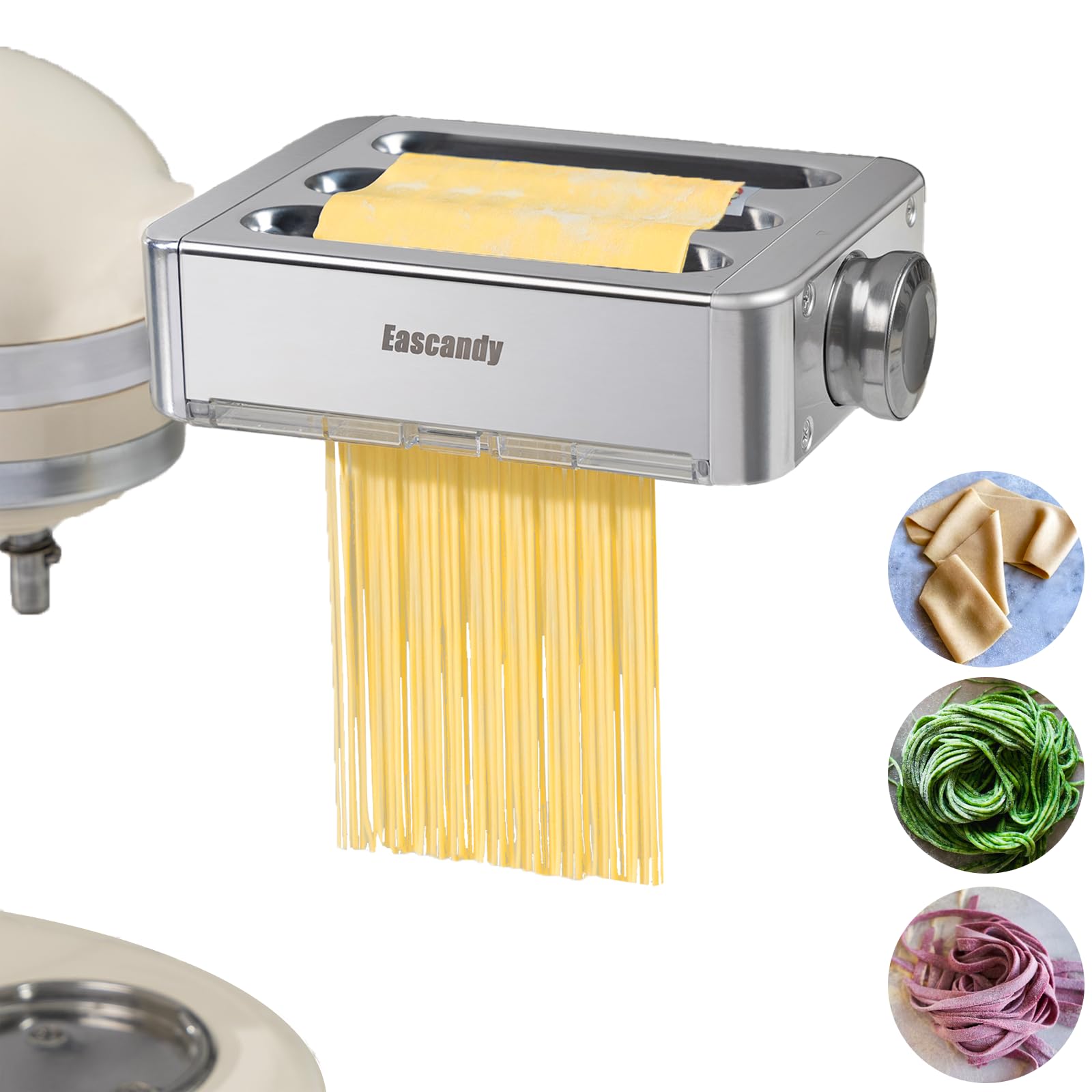 Eascandy front view of metal pasta attachment showing robust build and reliable performance