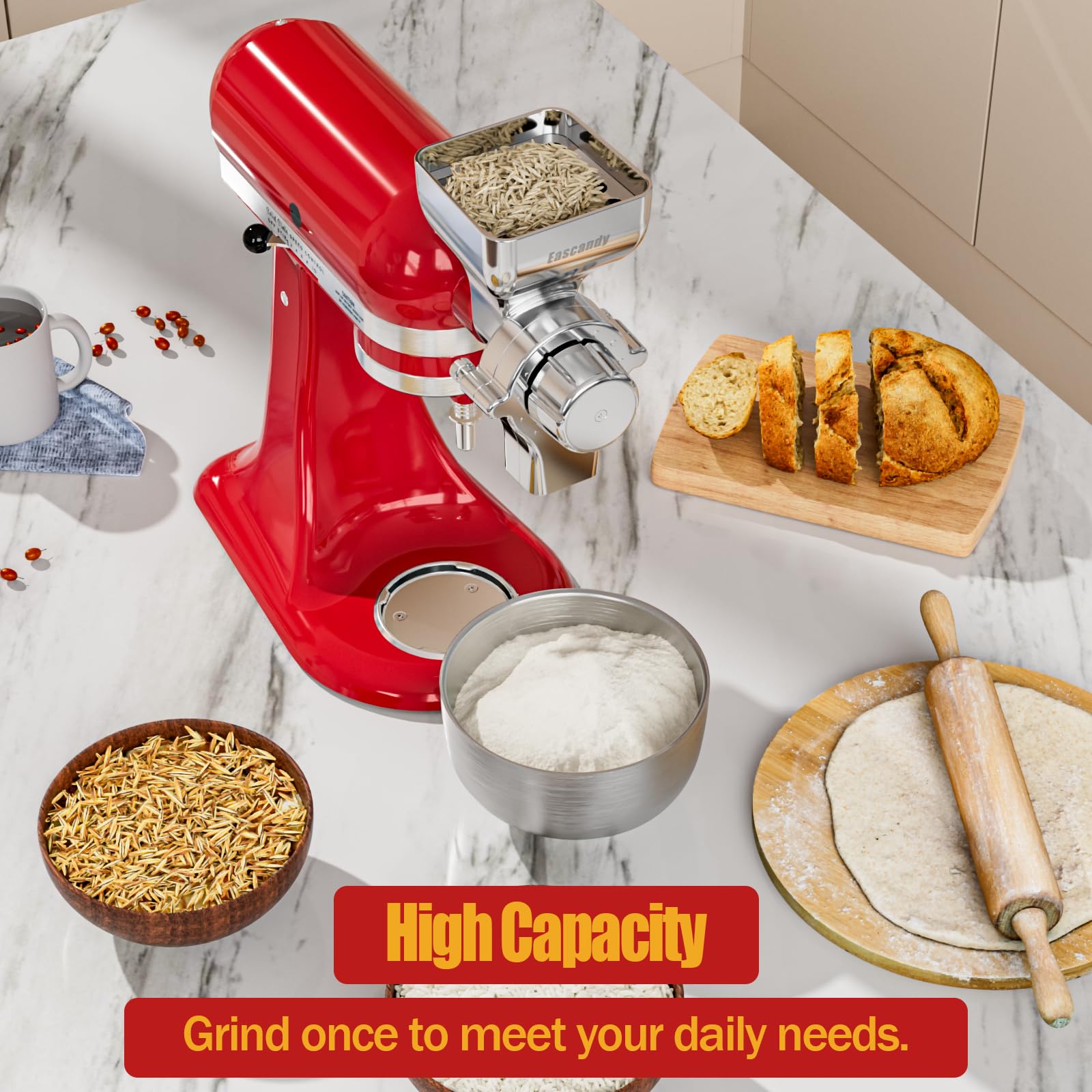 Eascandy metal mill mounted on a KitchenAid stand mixer in use benefit: converts mixer to mill