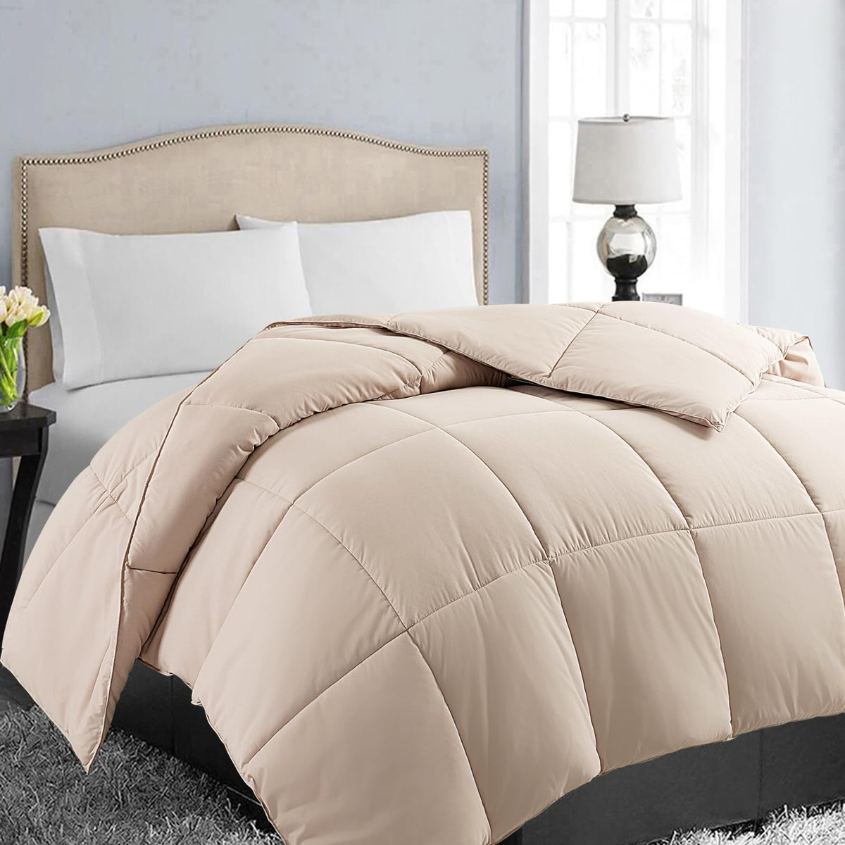 EASELAND comforter front view showing beige color and clean look for versatile styling