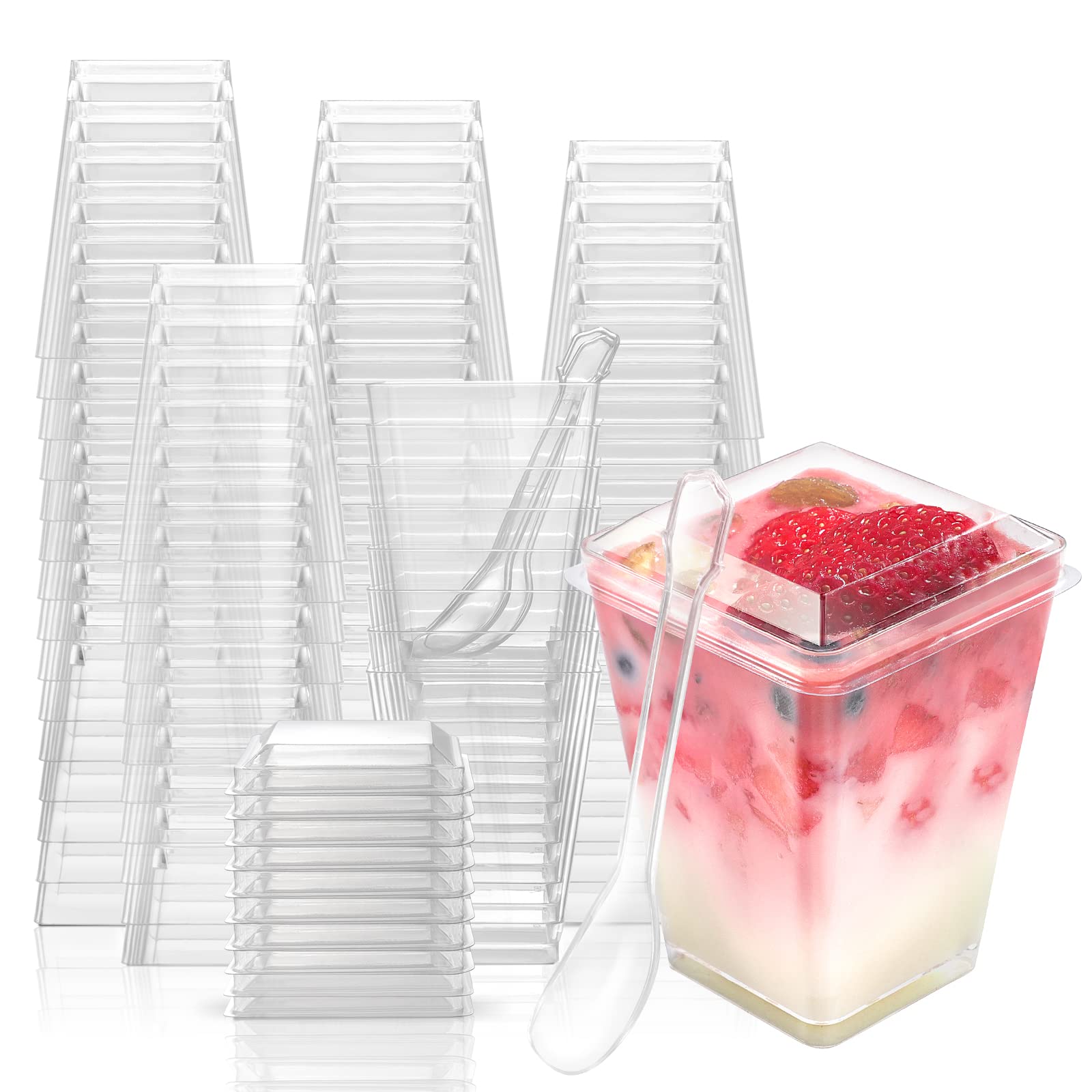 EASERCY front pack of 100 clear 5 oz cups with lids and spoons, ready to serve