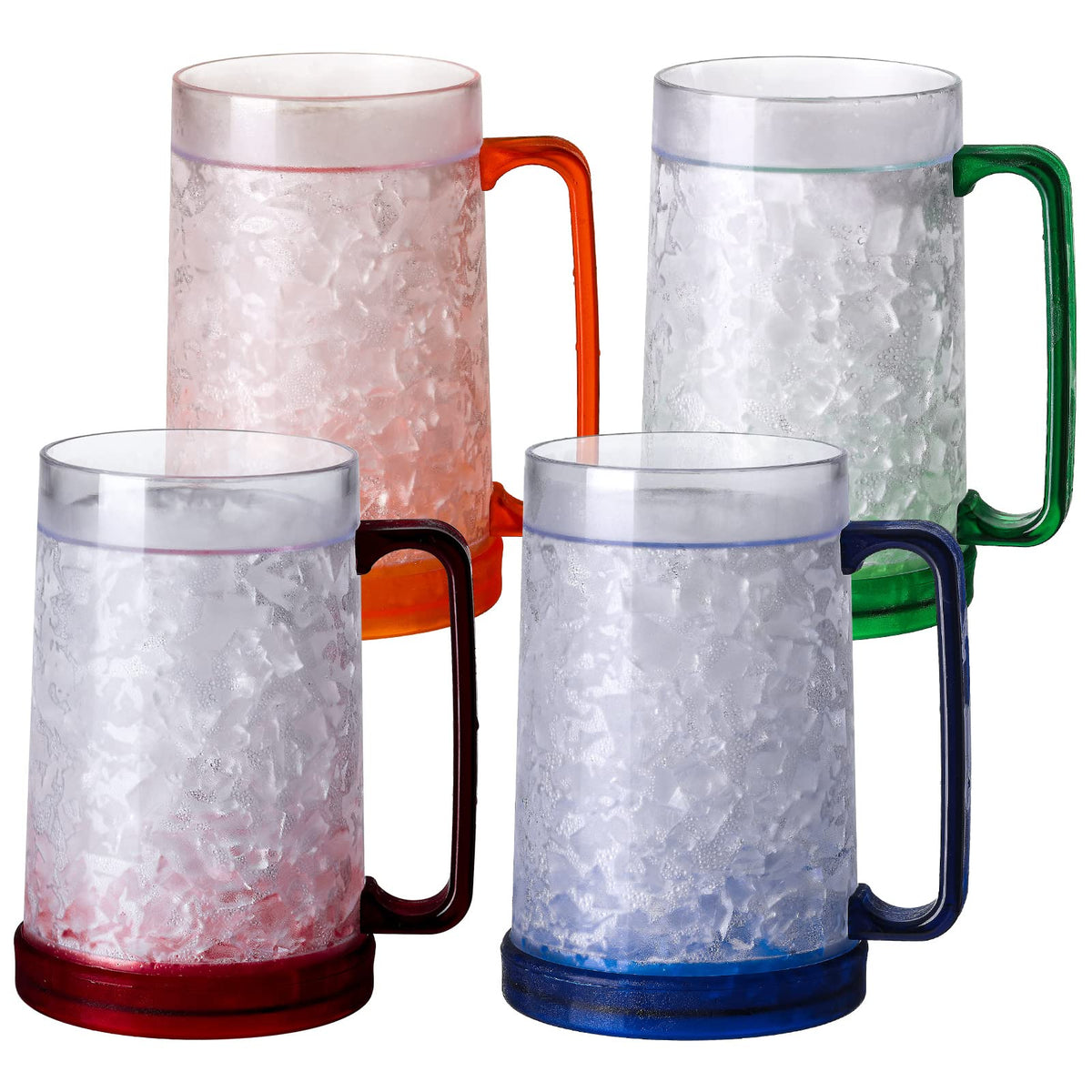 Easicozi front view of four clear 16oz gel freezer mugs; vibrant set ideal for parties