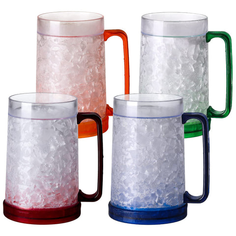 Easicozi front view of four clear 16oz gel freezer mugs; vibrant set ideal for parties