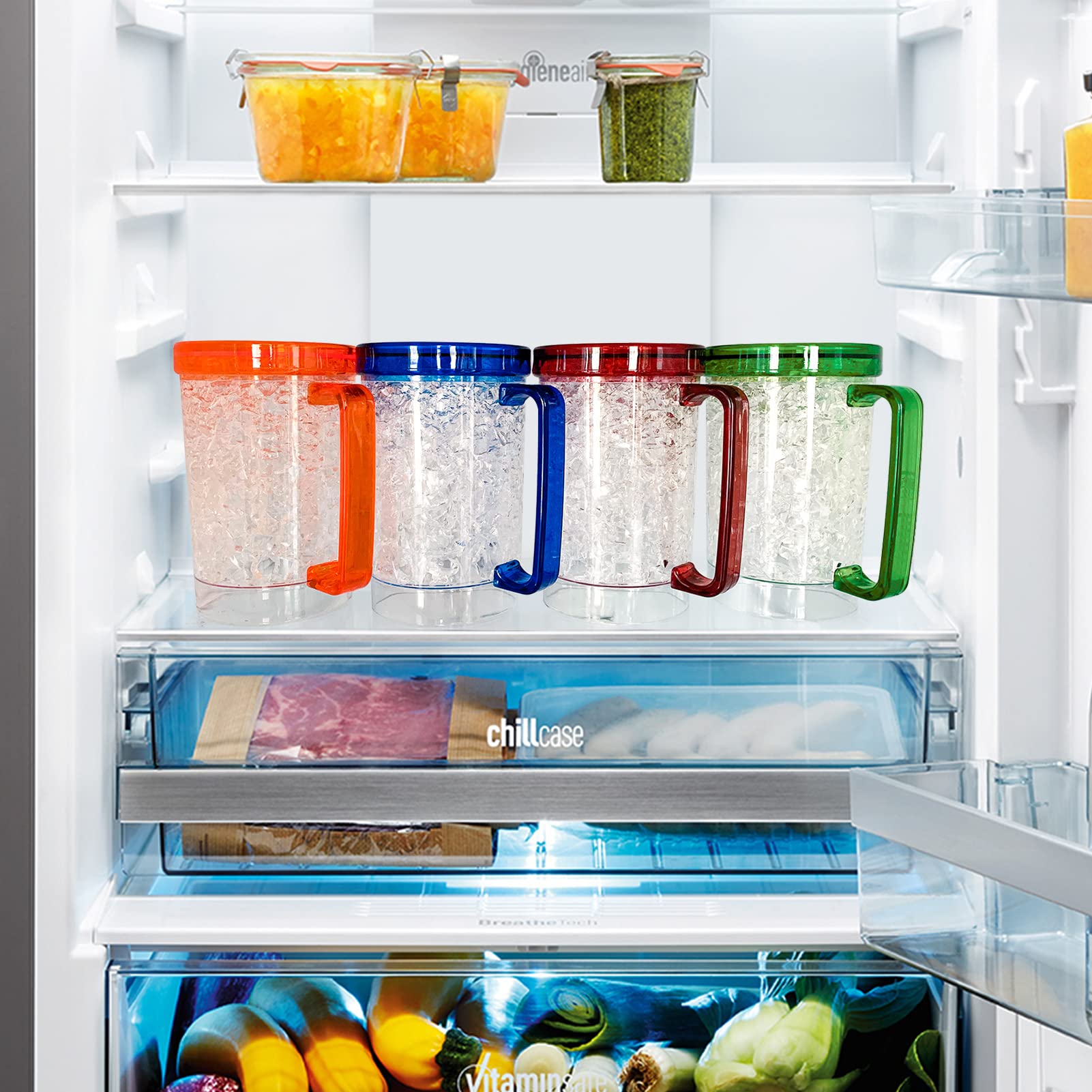 Easicozi mug positioned in freezer door slot; sized to fit typical freezer storage