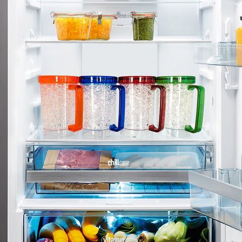Easicozi mug positioned in freezer door slot; sized to fit typical freezer storage
