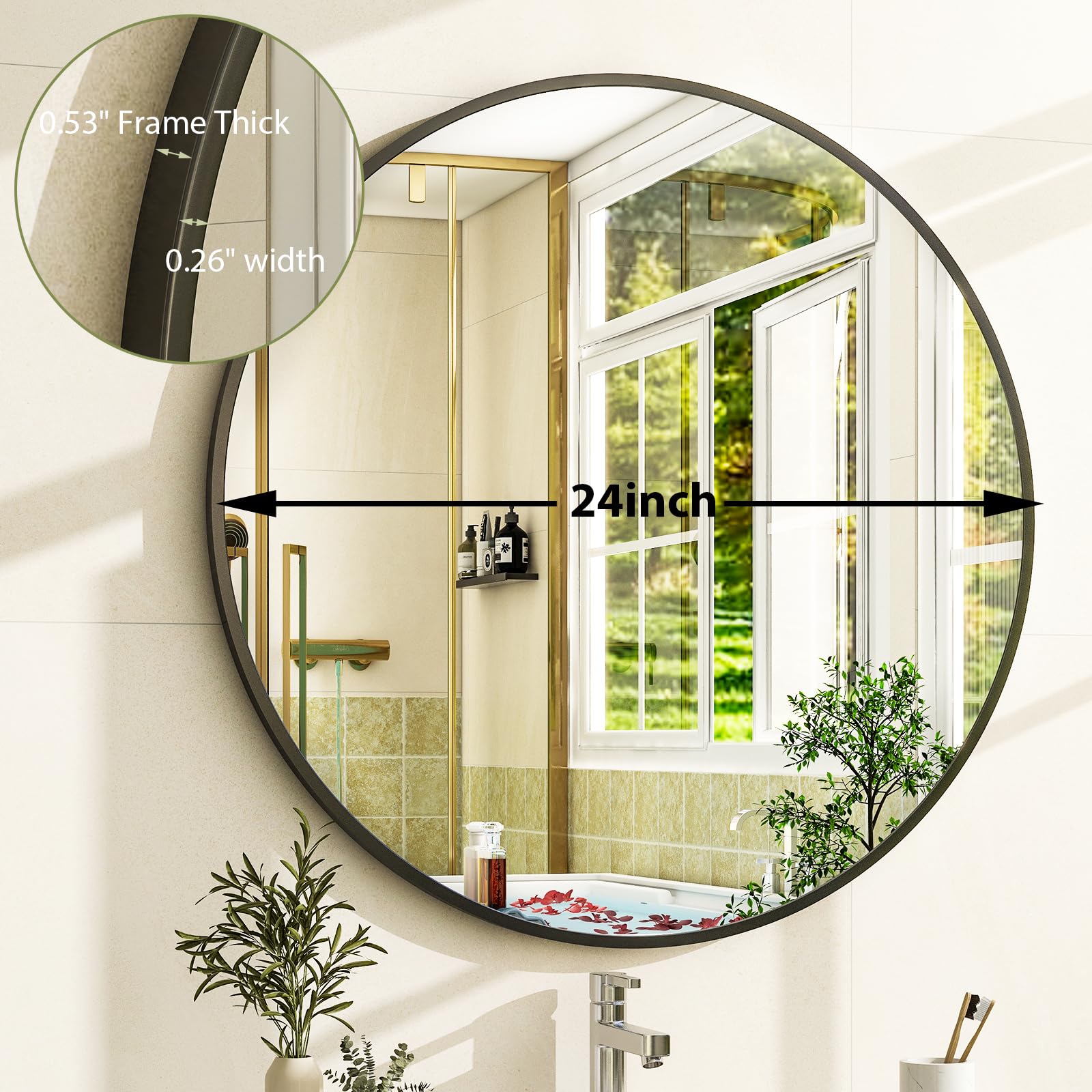 Easly mirror beside sink showing 24-inch scale and proportion benefit