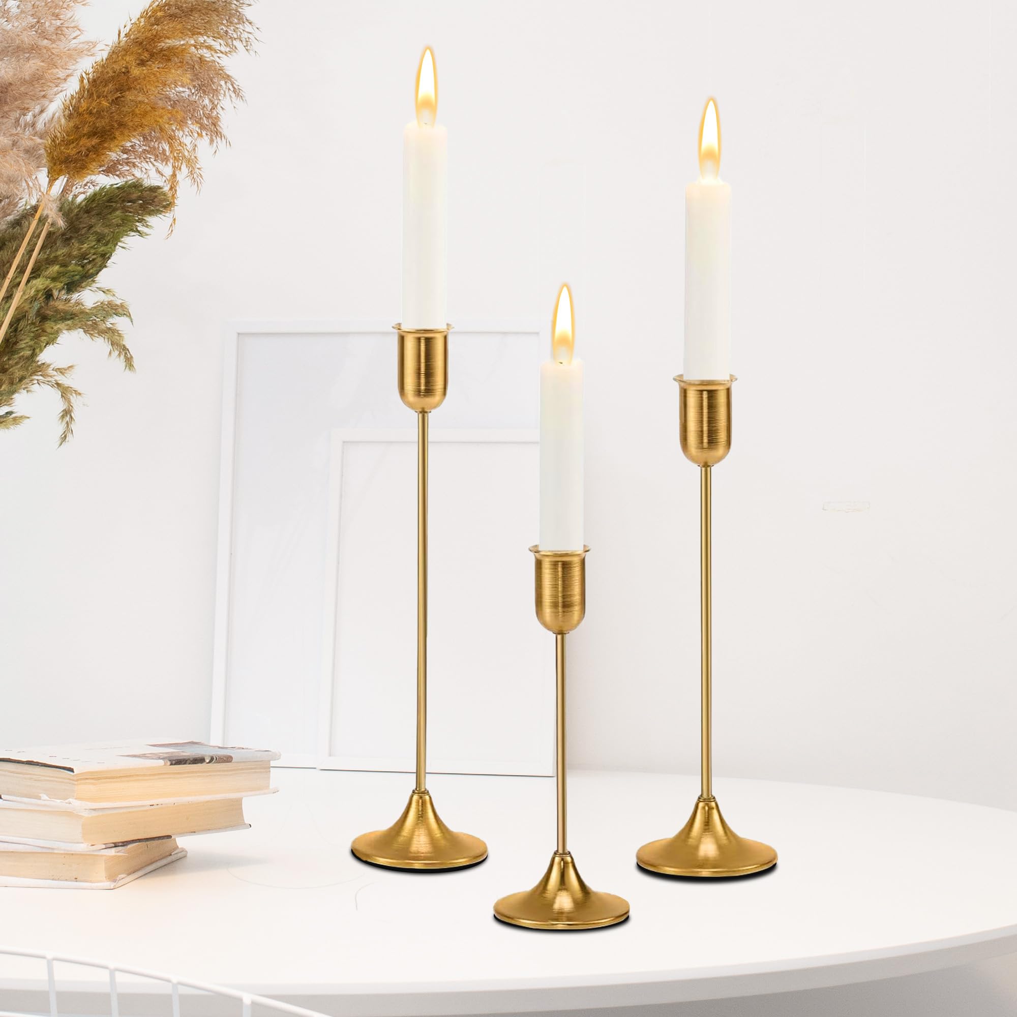 EAST FLAME front view showing three brass gold candlesticks, adds elegant centerpiece appeal