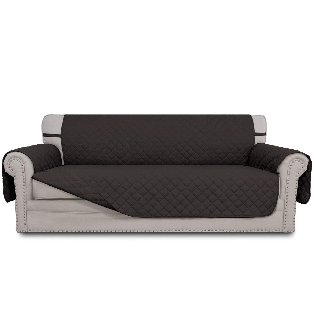 Easy-Going front view showing full chocolate sofa cover and clean finished look