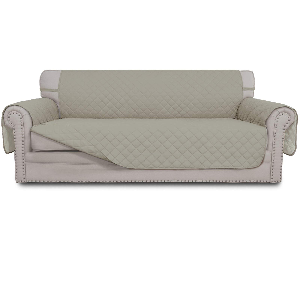 Easy-Going front view showing beige cover on three-cushion sofa, protects upholstery
