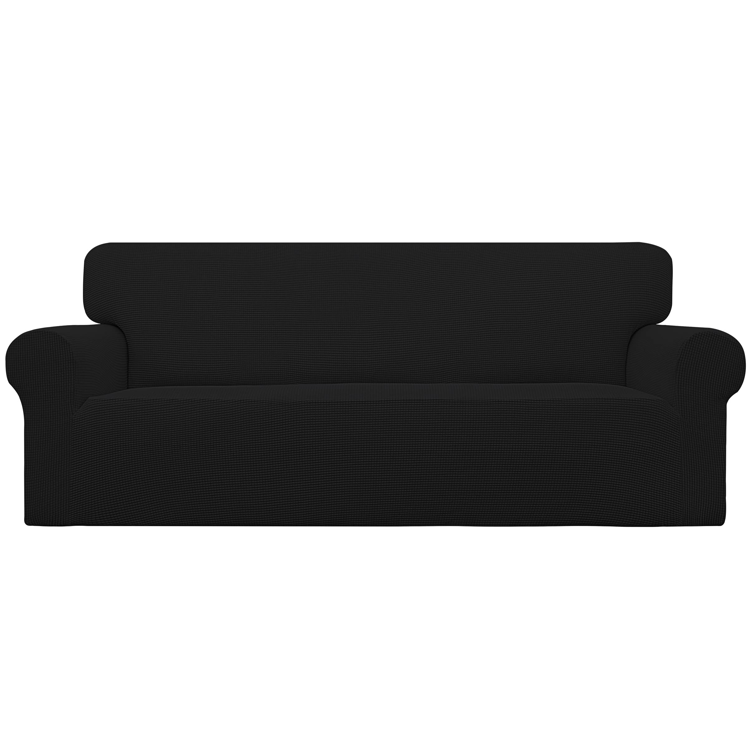 Easy-Going front view of slipcover on sofa showing sleek black look and instant update