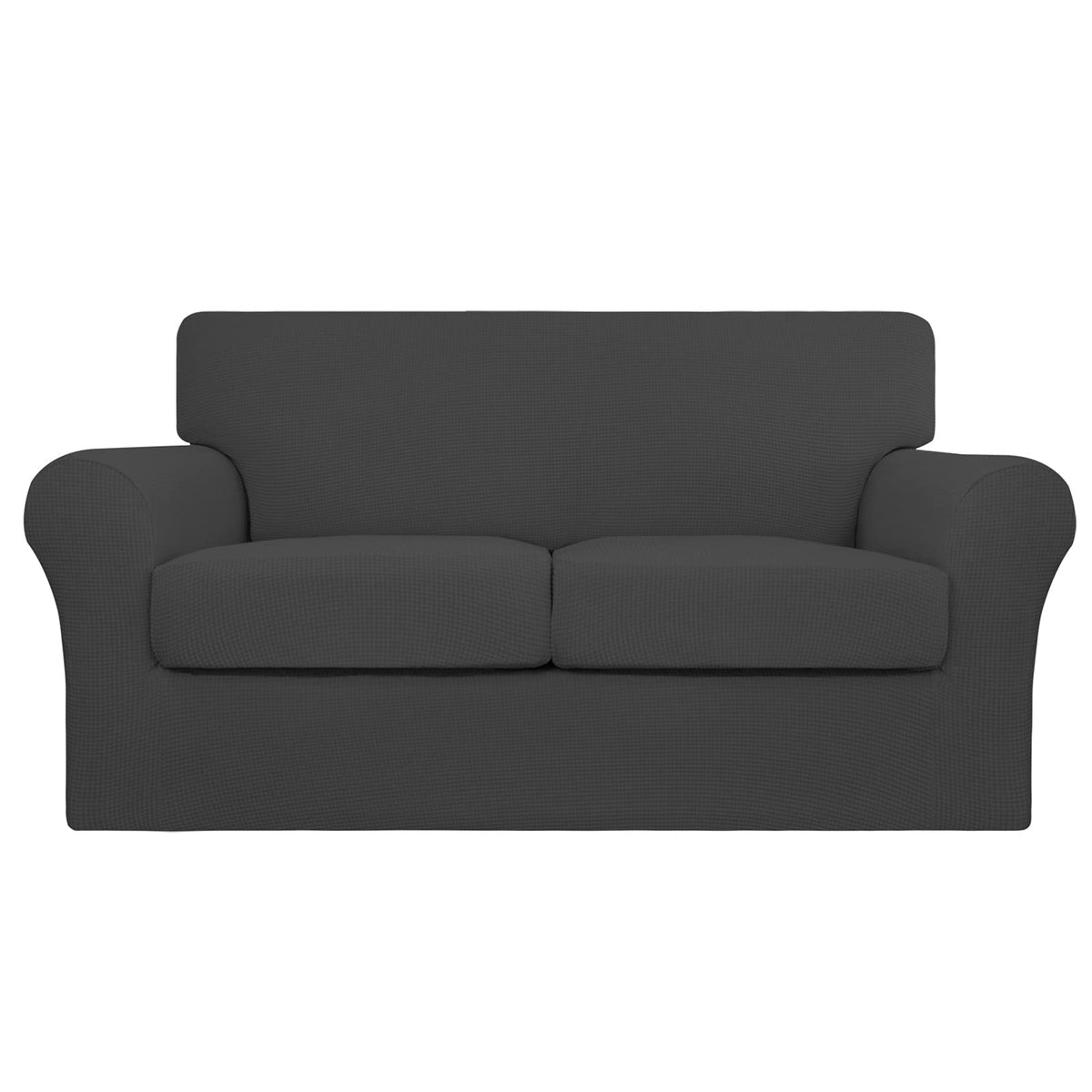 Easy-Going front view of dark gray cover fitted on loveseat showing clean finish