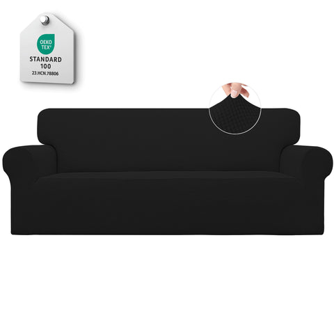 Easy-Going front view black sofa cover showing neat tailored fit and renewed look