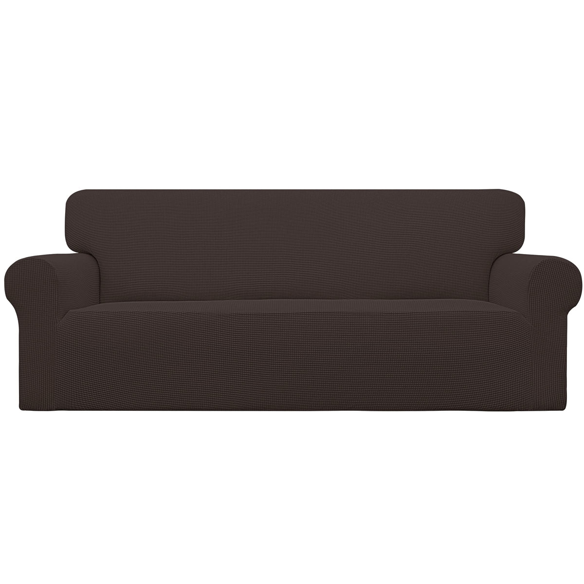 Easy-Going front view chocolate slipcover showing full sofa protection and refreshed look