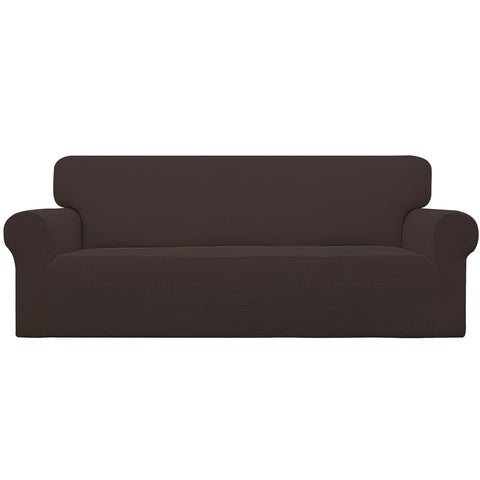 Easy-Going front view chocolate slipcover showing full sofa protection and refreshed look