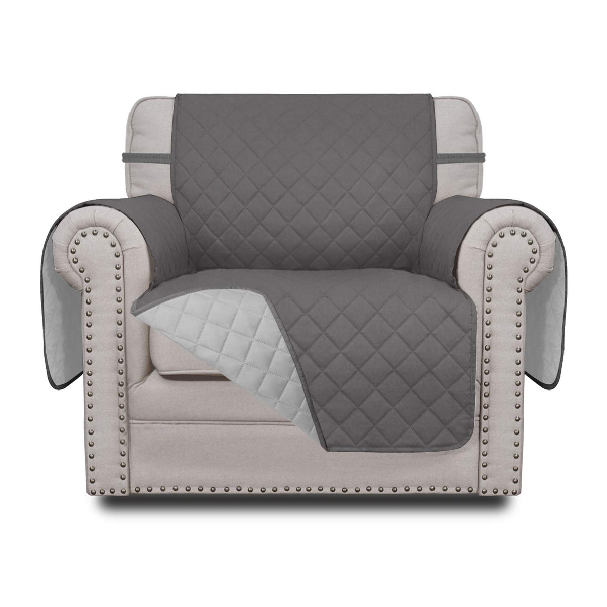Easy-Going front view gray chair cover showing full protection and neat fit