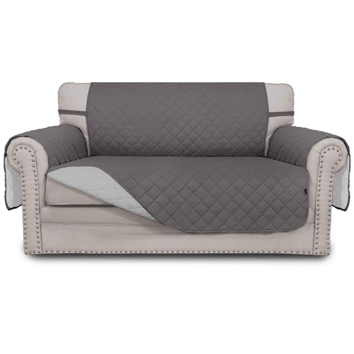 Easy-Going front view showing gray cover protecting sofa and improving appearance