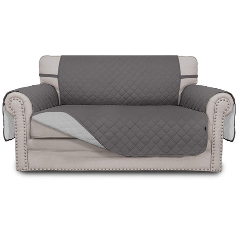 Easy-Going front view showing gray cover protecting sofa and improving appearance