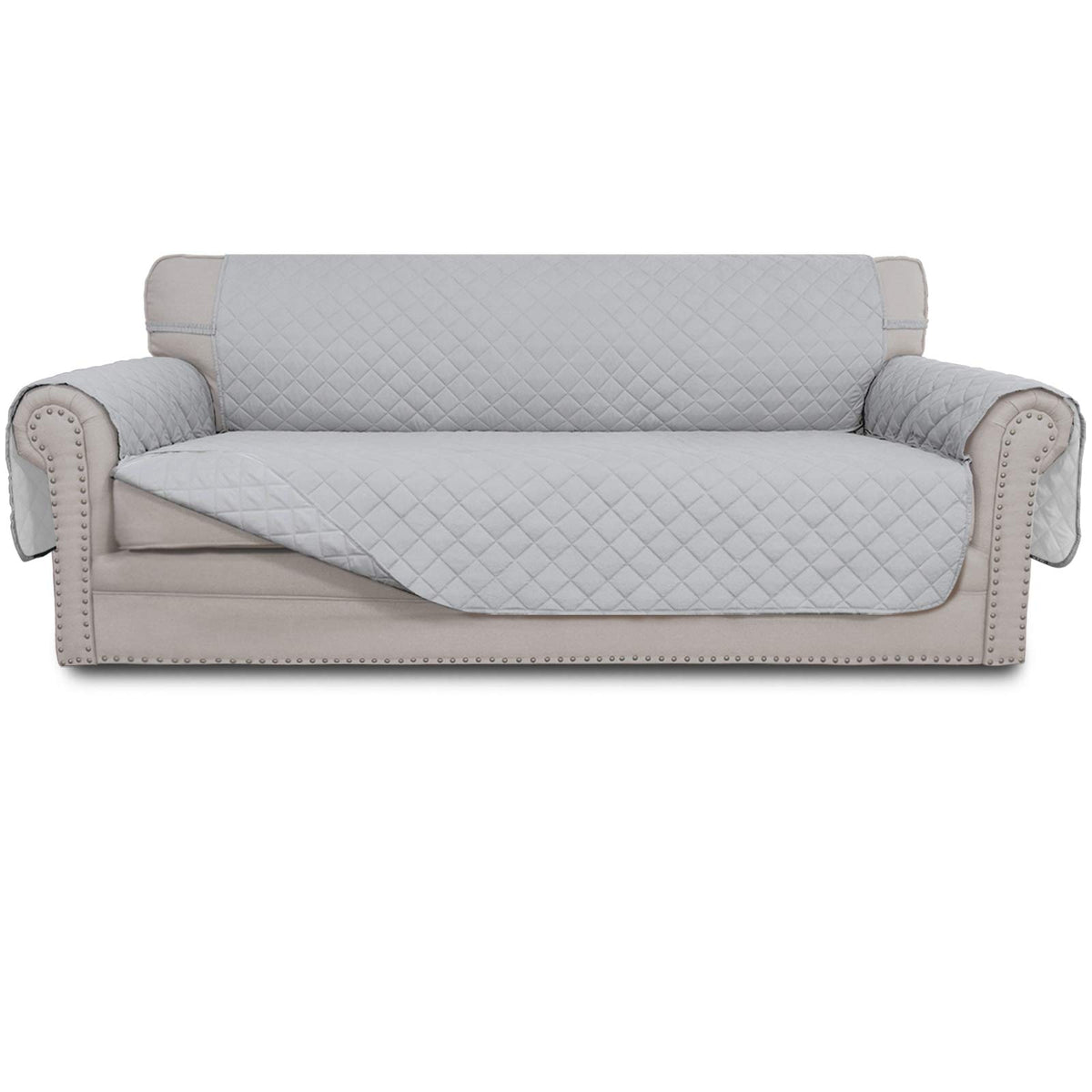 Easy-Going front view of cover on three-cushion sofa protecting upholstery