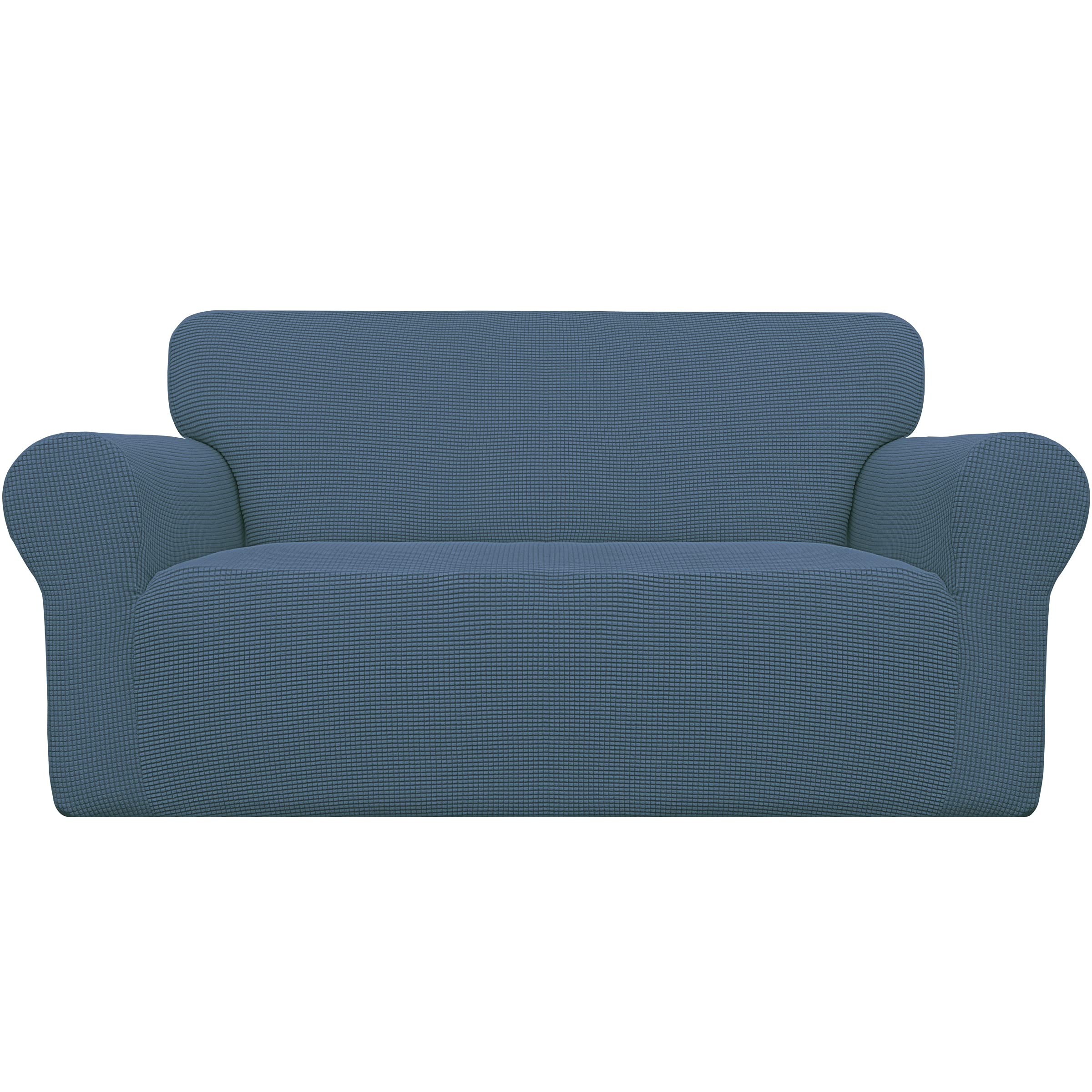 Easy-Going front view showing fitted bluestone loveseat cover and clean look