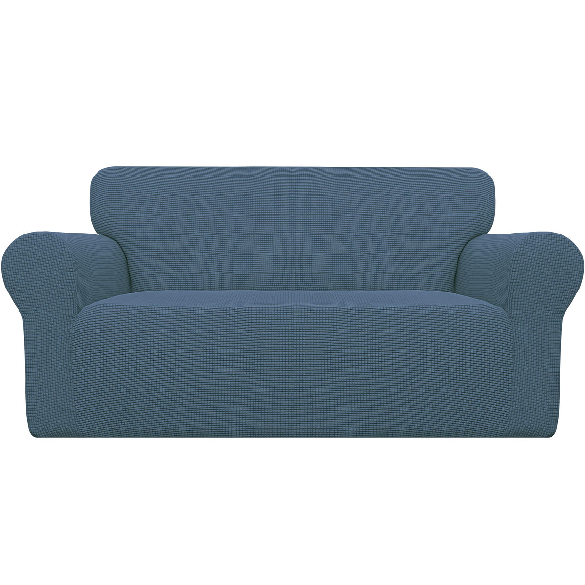 Easy-Going front view showing fitted bluestone loveseat cover and clean look