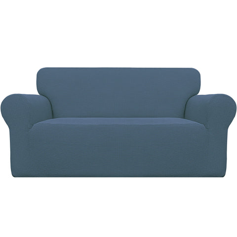Easy-Going front view showing fitted bluestone loveseat cover and clean look