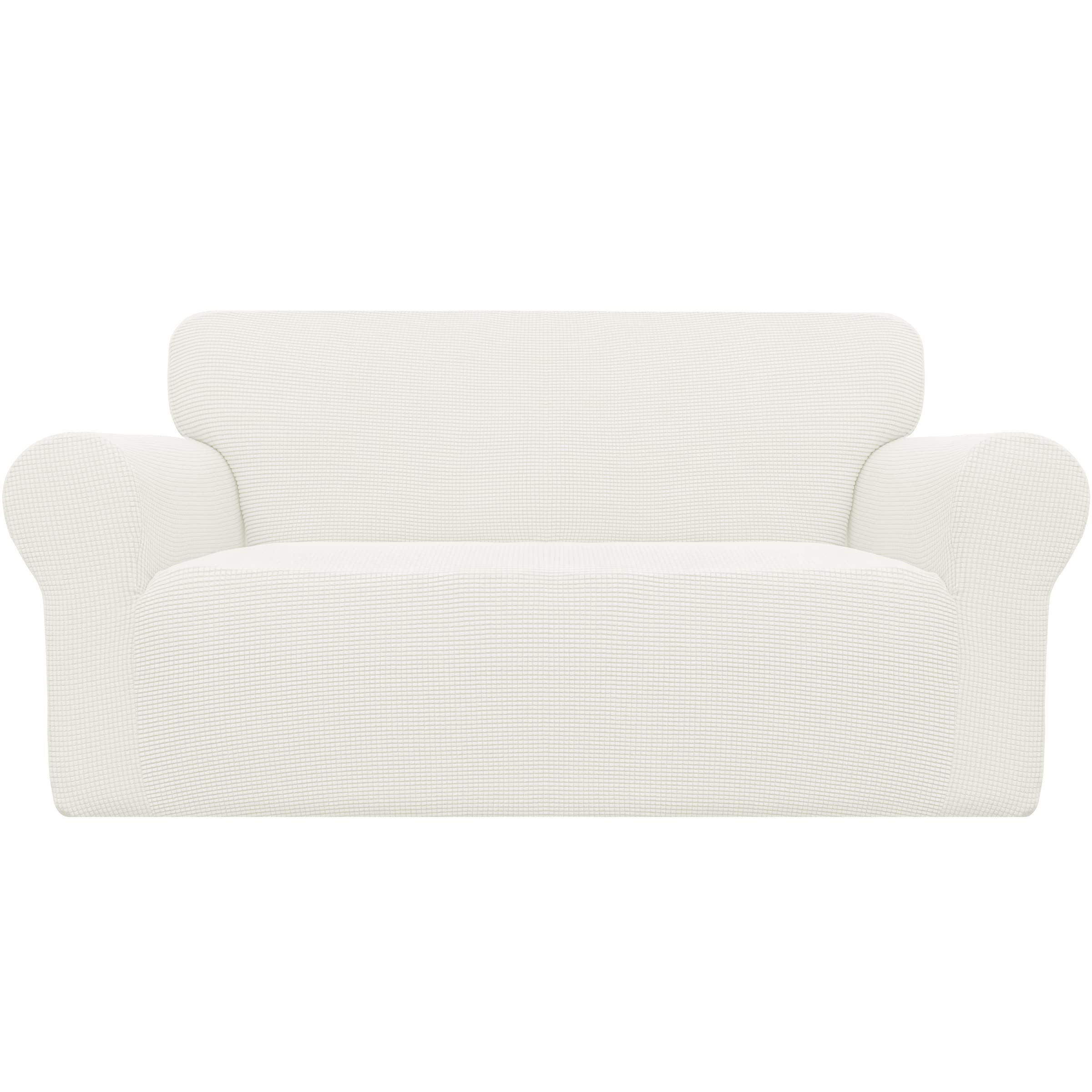 Easy-Going front view of cream loveseat cover showing full fit and tidy look