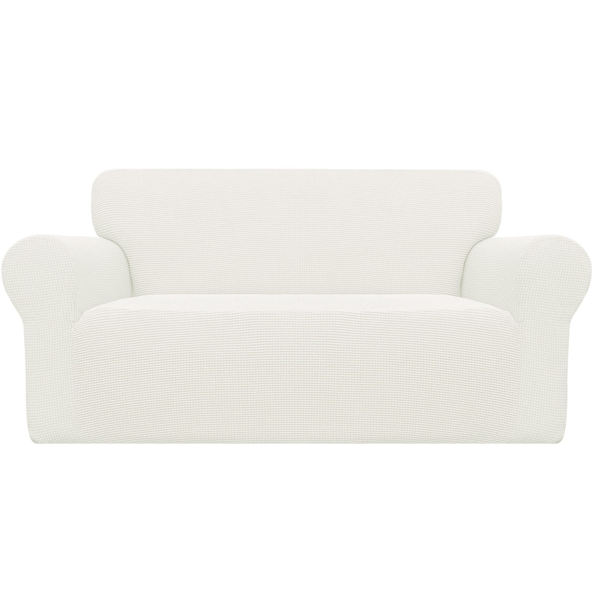 Easy-Going front view of cream loveseat cover showing full fit and tidy look