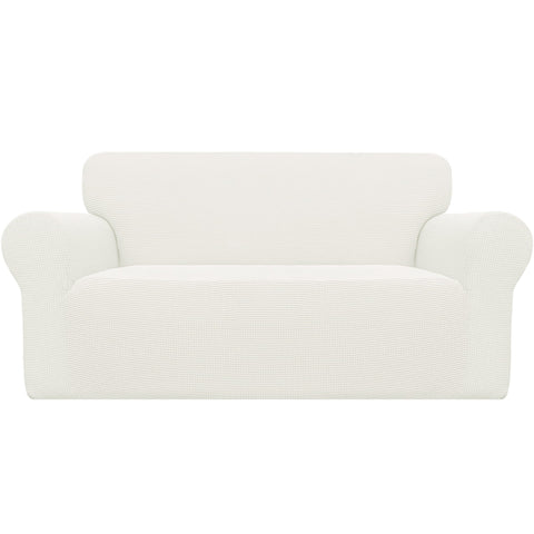 Easy-Going front view of cream loveseat cover showing full fit and tidy look