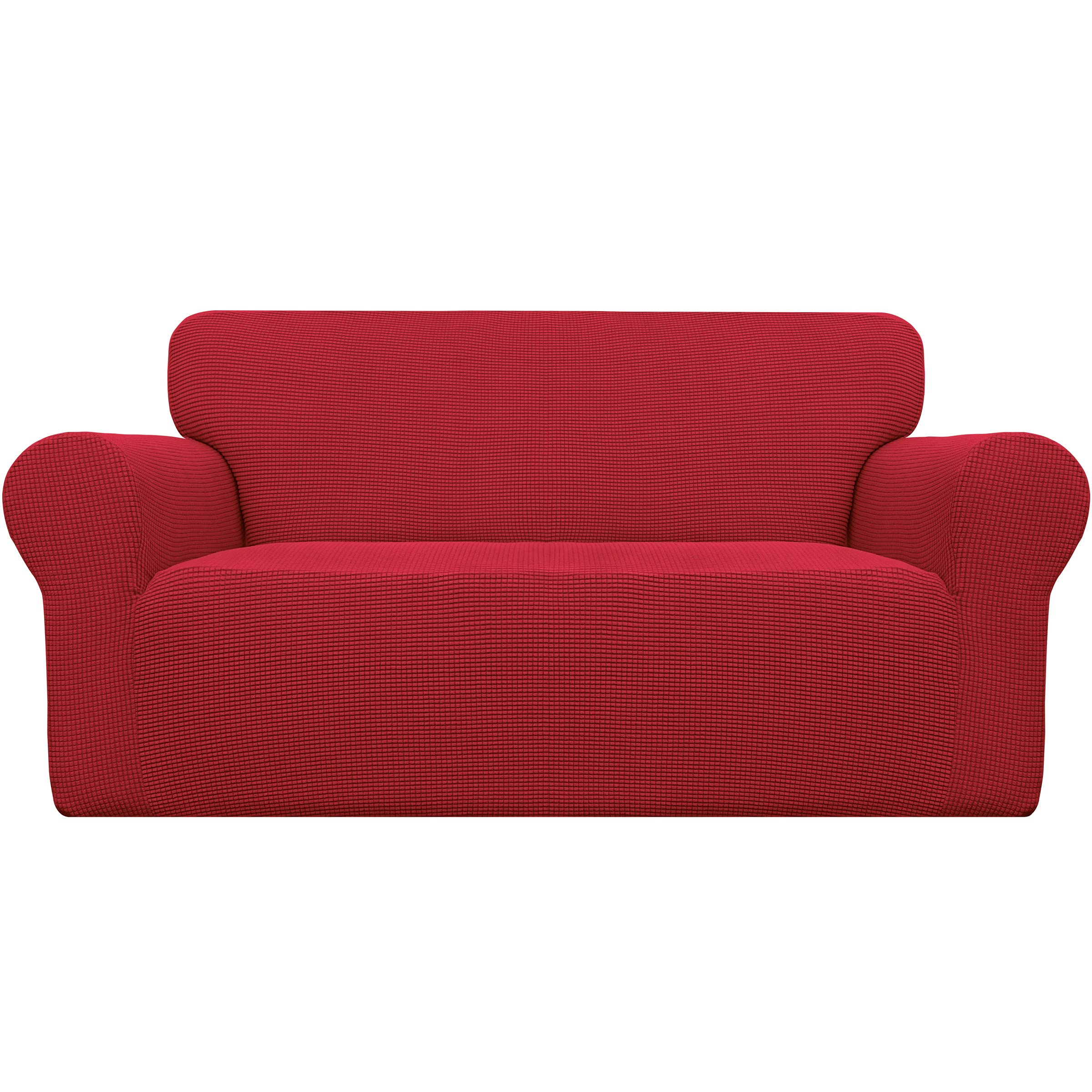Easy-Going front view of red loveseat cover showing tailored fit and refreshed look