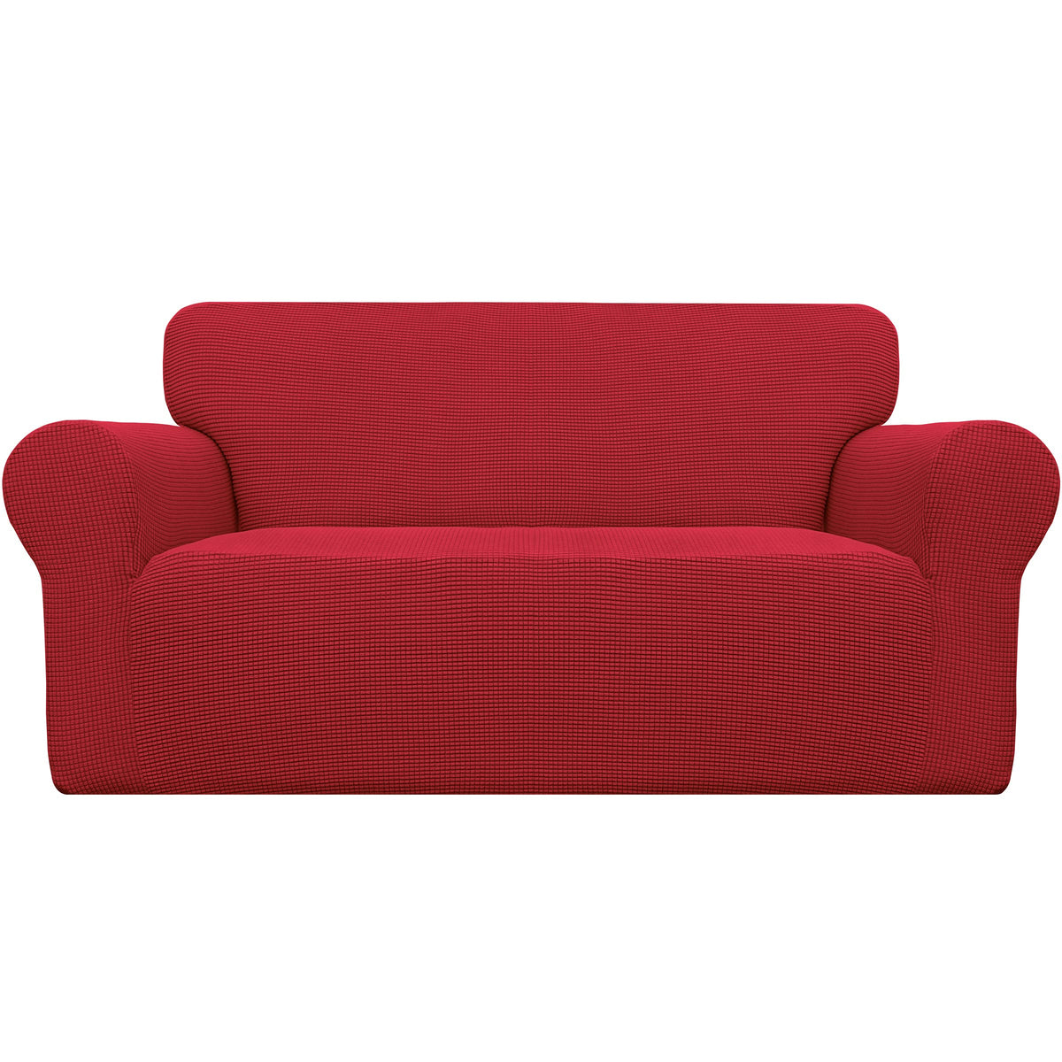 Easy-Going front view of red loveseat cover showing tailored fit and refreshed look