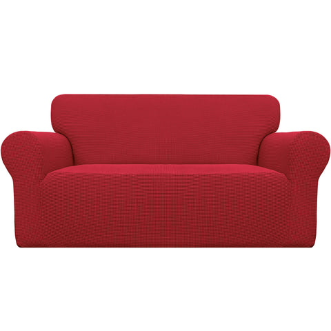 Easy-Going front view of red loveseat cover showing tailored fit and refreshed look